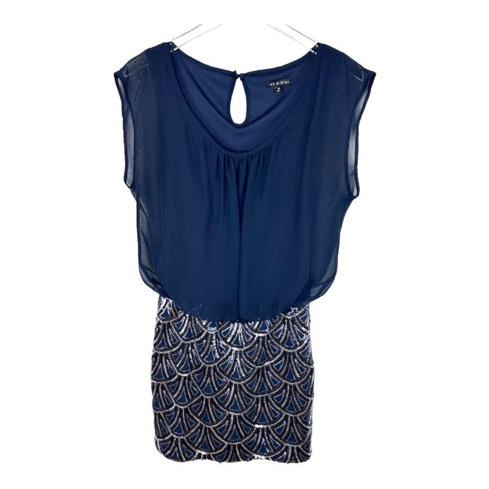 As U Wish Deco Pattern Sequin Bottom Blue Chiffon‎ Blouson Cocktail Dress Sz M